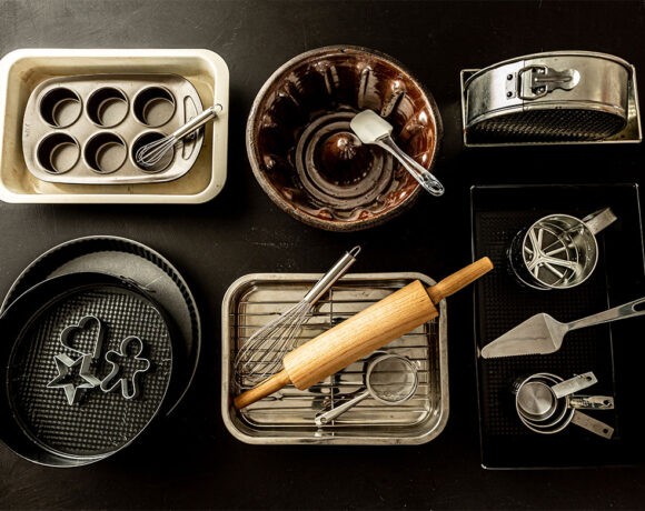 A selection of different bakeware on a countertop (colour pans)