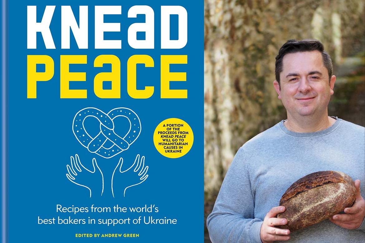 cover of Knead Peace next to Andrew Green holding a loaf of bread