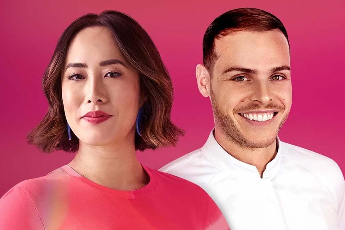 Melissa Leong and Amaury Guichon standing against a pink background (dessert masters)