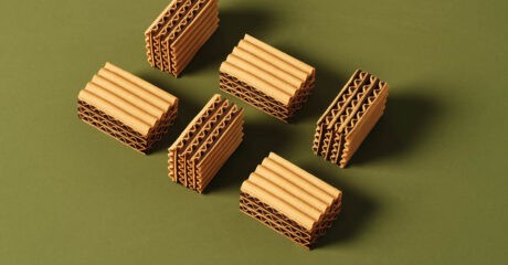 the Cardboard Cake is pictured on a green background. There are six pieces arranged in lines. Three are on their sides to show the perforation inside. All six are brown in colour and look like cardboard.